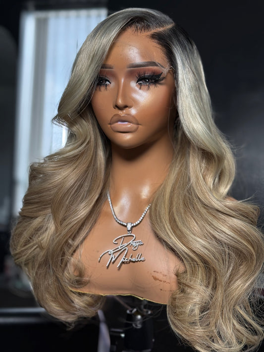 Side view of a Custom Blonde Glueless wig with soft curls and layes