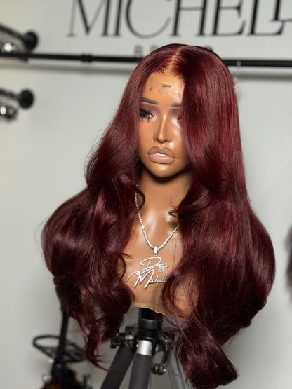 Side view middle part burgundy wine soft curled wig